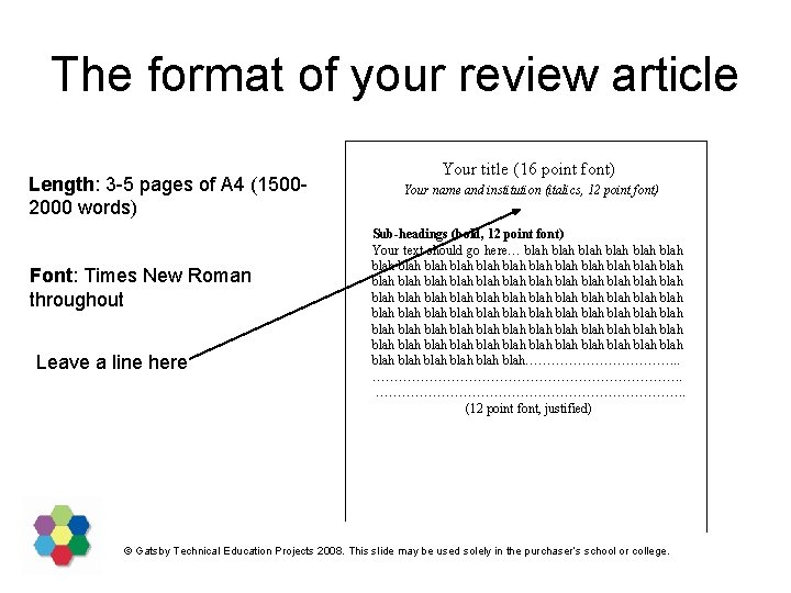 The format of your review article Length: 3 -5 pages of A 4 (15002000