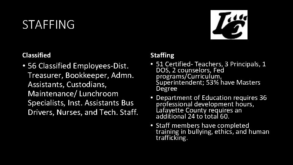 STAFFING Classified • 56 Classified Employees-Dist. Treasurer, Bookkeeper, Admn. Assistants, Custodians, Maintenance/ Lunchroom Specialists,