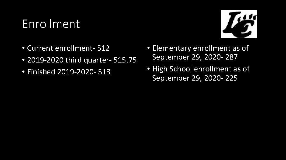 Enrollment • Current enrollment- 512 • 2019 -2020 third quarter- 515. 75 • Finished