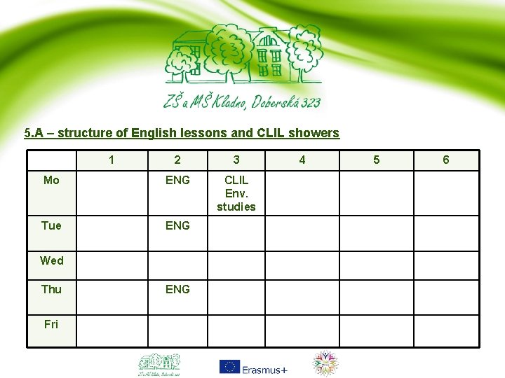 5. A – structure of English lessons and CLIL showers 1 2 3 Mo