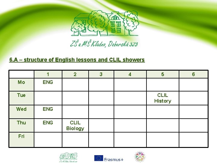 6. A – structure of English lessons and CLIL showers 1 Mo 2 4