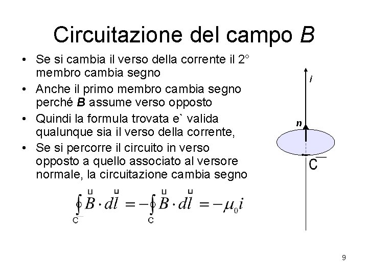 Circuitazione del campo B • Se si cambia il verso della corrente il 2°