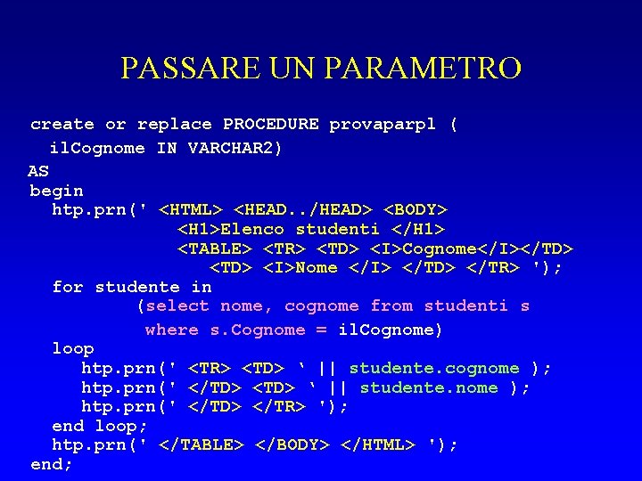 PASSARE UN PARAMETRO create or replace PROCEDURE provaparpl ( il. Cognome IN VARCHAR 2)