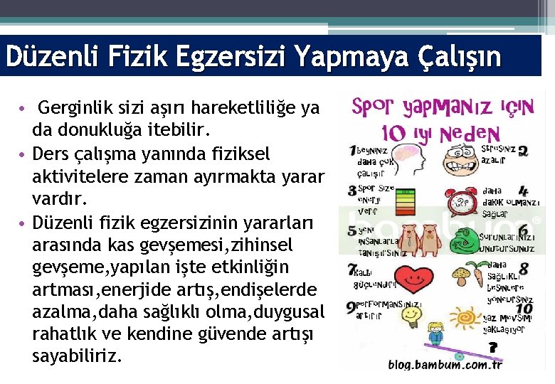 Düzenli Fizik Egzersizi Yapmaya Çalışın • Gerginlik sizi aşırı hareketliliğe ya da donukluğa itebilir.