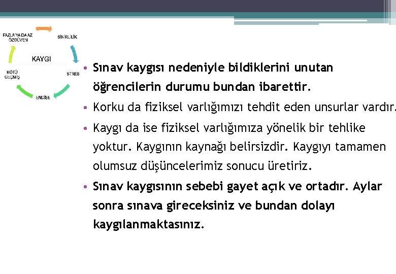  • Sınav kaygısı nedeniyle bildiklerini unutan öğrencilerin durumu bundan ibarettir. • Korku da