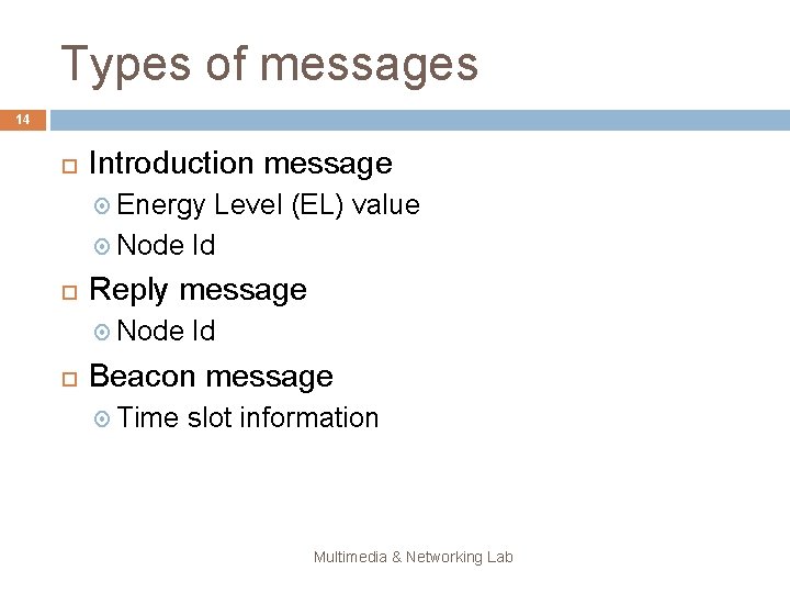 Types of messages 14 Introduction message Energy Level (EL) value Node Id Reply message