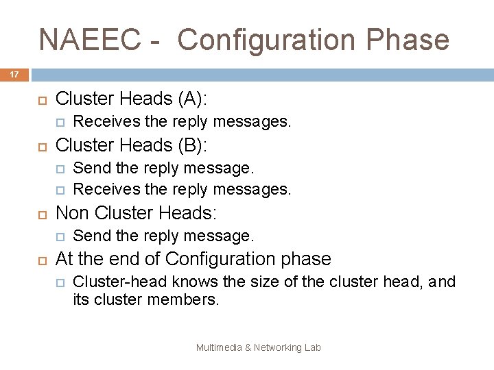NAEEC - Configuration Phase 17 Cluster Heads (A): Cluster Heads (B): Send the reply