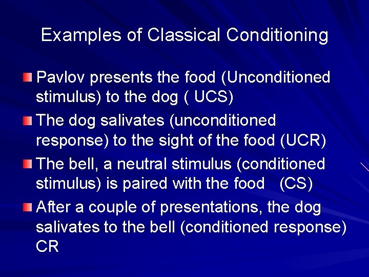 Examples of Classical Conditioning Pavlov presents the food (Unconditioned stimulus) to the dog (