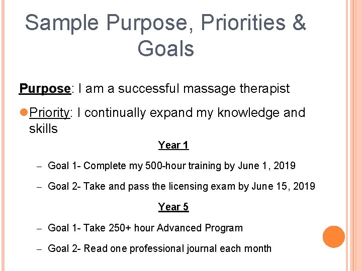 Sample Purpose, Priorities & Goals Purpose: I am a successful massage therapist Priority: I