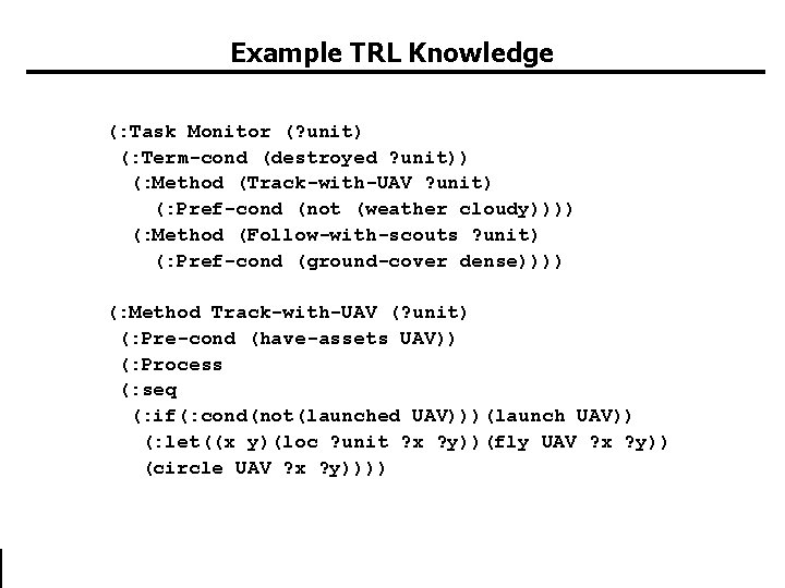 Example TRL Knowledge (: Task Monitor (? unit) (: Term-cond (destroyed ? unit)) (: Example TRL Knowledge (: Task Monitor (? unit) (: Term-cond (destroyed ? unit)) (: