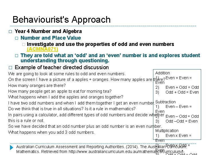 Behaviourist's Approach � Year 4 Number and Algebra � Number and Place Value �