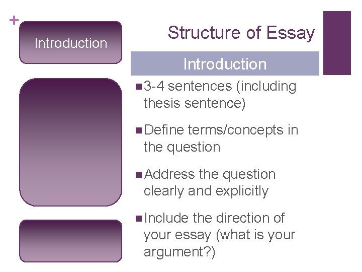 + Structure of Essay Introduction n 3 -4 sentences (including thesis sentence) n Define