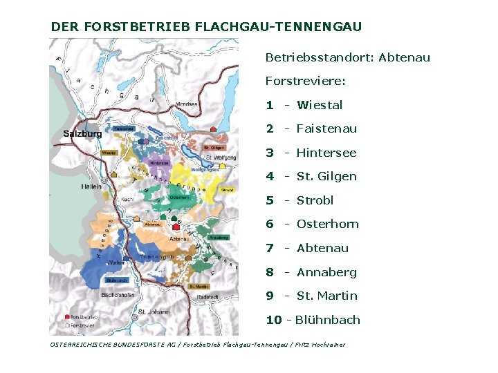 DER FORSTBETRIEB FLACHGAU-TENNENGAU Betriebsstandort: Abtenau Forstreviere: 1 - Wiestal 2 - Faistenau 3 -