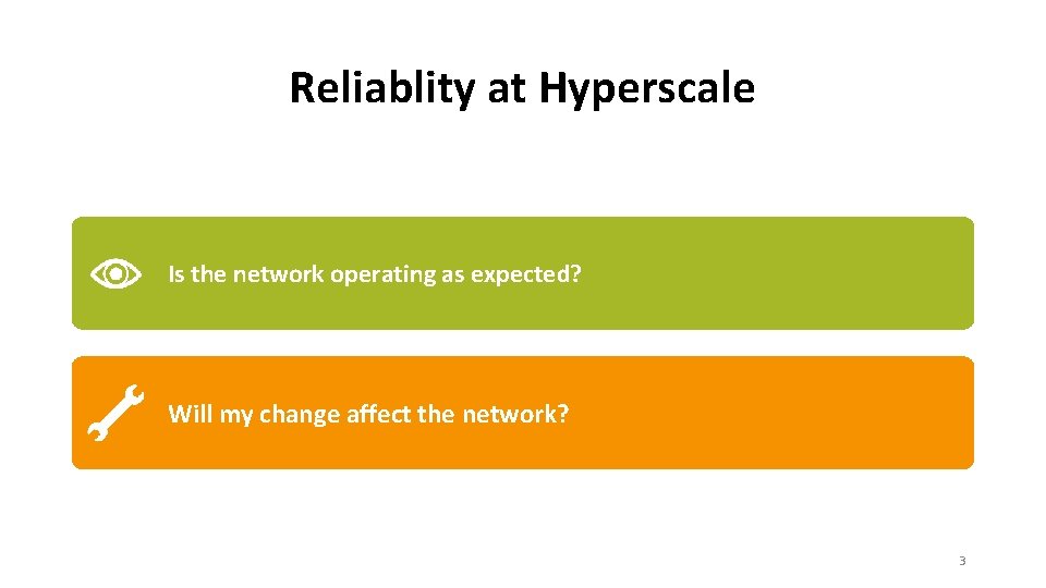 Reliablity at Hyperscale Is the network operating as expected? Will my change affect the