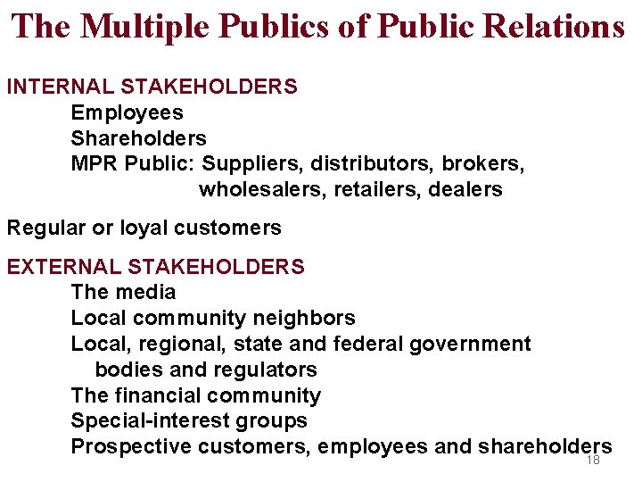 The Multiple Publics of Public Relations INTERNAL STAKEHOLDERS Employees Shareholders MPR Public: Suppliers, distributors,