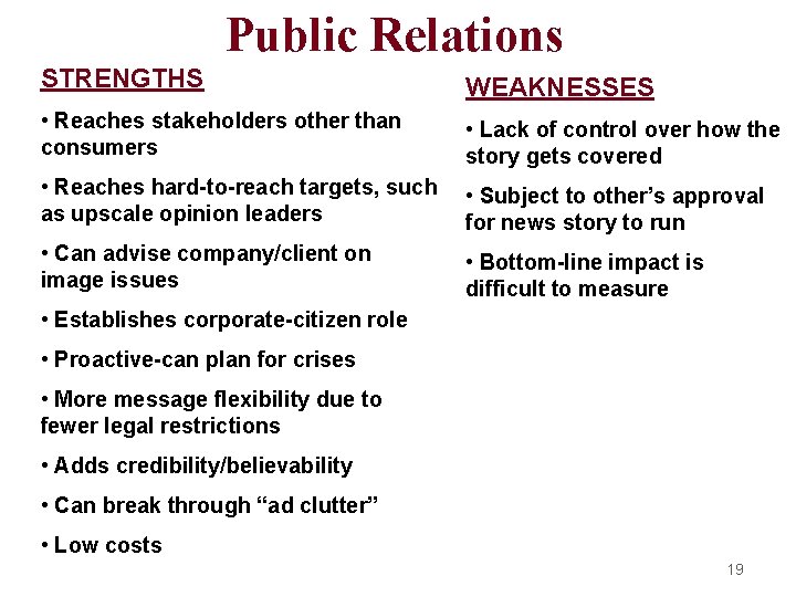 Public Relations STRENGTHS WEAKNESSES • Reaches stakeholders other than consumers • Lack of control