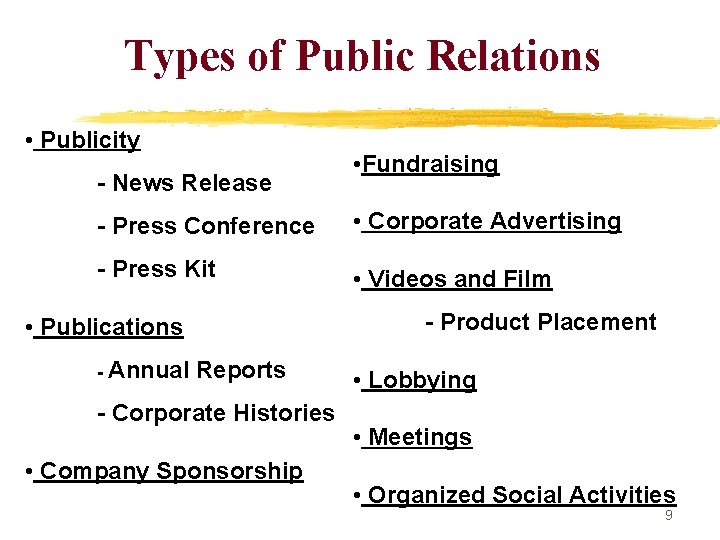 Types of Public Relations • Publicity - News Release • Fundraising - Press Conference