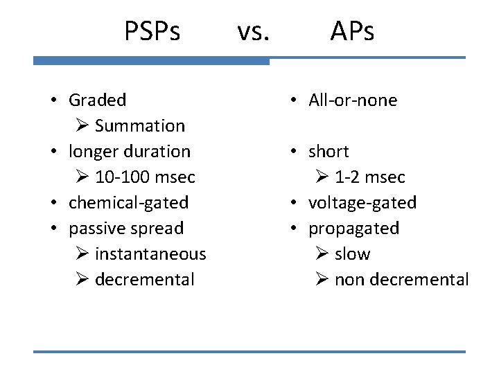 PSPs • Graded Ø Summation • longer duration Ø 10 -100 msec • chemical-gated
