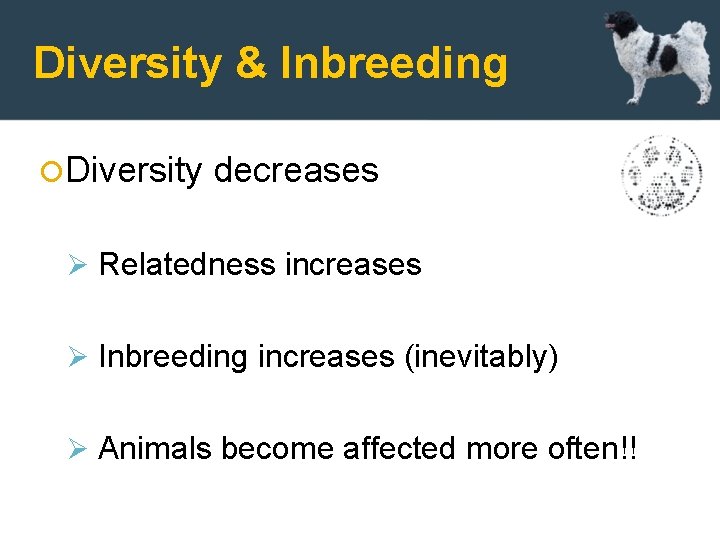 Diversity & Inbreeding Diversity decreases Ø Relatedness increases Ø Inbreeding increases (inevitably) Ø Animals