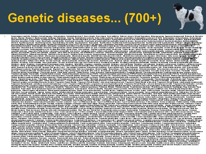 Genetic diseases. . . (700+) Acepromazine sensitivity; Achalasia; Achondrogenesis; Achondroplasia; Achromatopsia type 3; Acinar