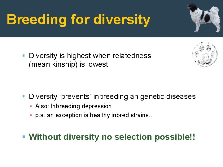 Breeding for diversity Diversity is highest when relatedness (mean kinship) is lowest Diversity ‘prevents’