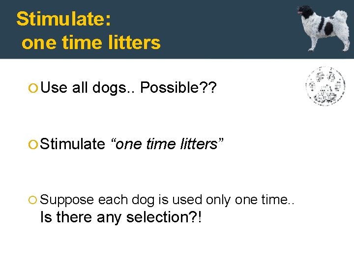 Stimulate: one time litters Use all dogs. . Possible? ? Stimulate Suppose “one time