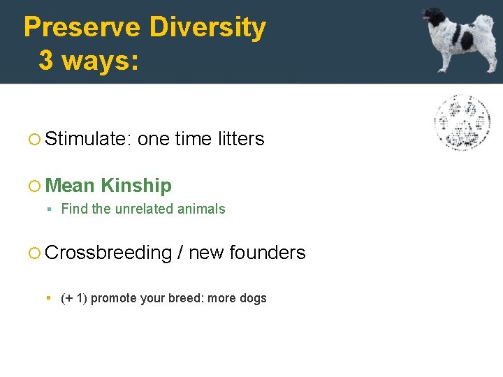 Preserve Diversity 3 ways: Stimulate: Mean one time litters Kinship Find the unrelated animals