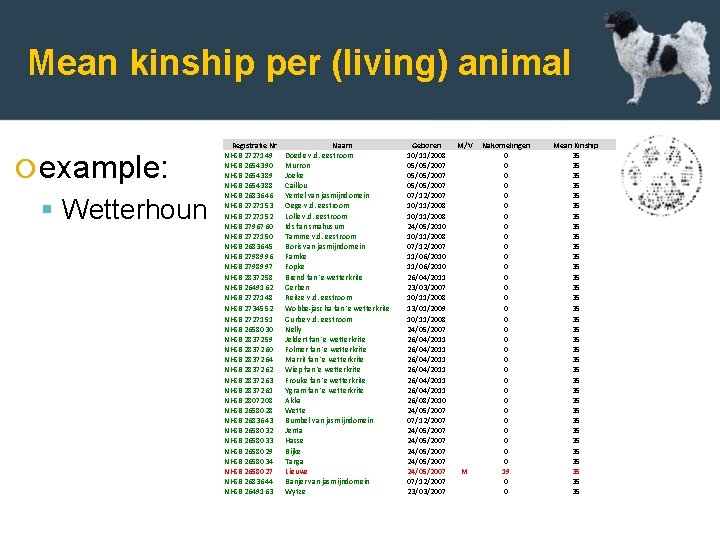 Mean kinship per (living) animal example: Wetterhoun Registratie Nr NHSB 2727149 NHSB 2654390 NHSB