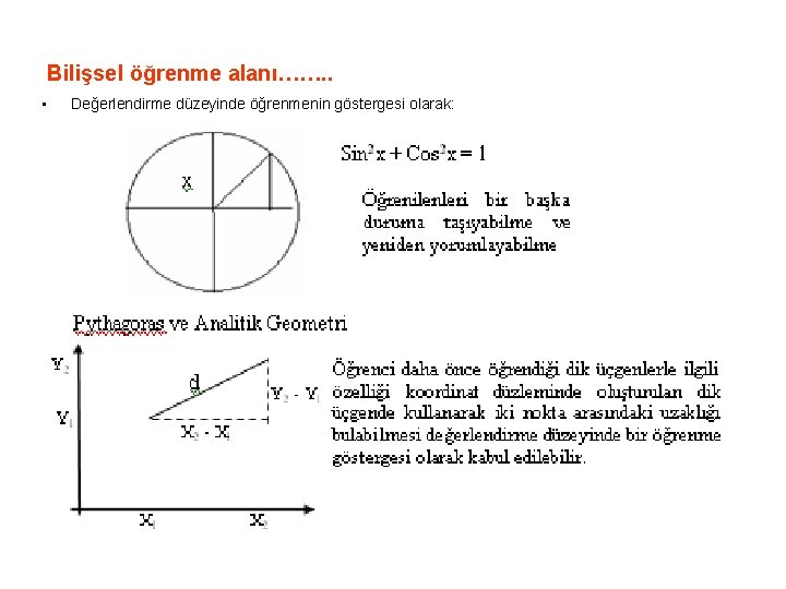 Bilişsel öğrenme alanı……. . • Değerlendirme düzeyinde öğrenmenin göstergesi olarak: 