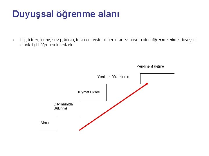 Duyuşsal öğrenme alanı • İlgi, tutum, inanç, sevgi, korku, tutku adlarıyla bilinen manevi boyutu