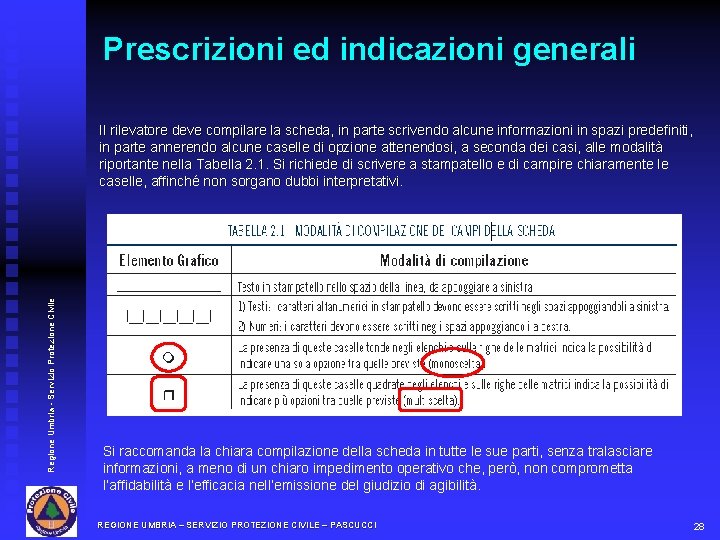 Prescrizioni ed indicazioni generali Regione Umbria - Servizio Protezione Civile Il rilevatore deve compilare
