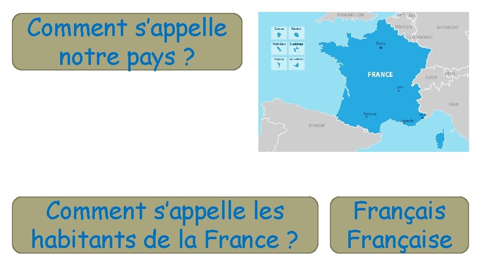 Comment s’appelle notre pays ? Comment s’appelle les habitants de la France ? Française