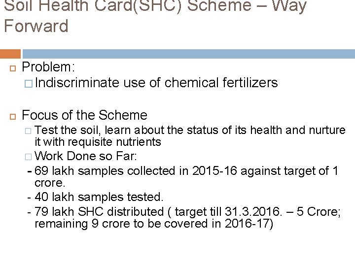 Soil Health Card(SHC) Scheme – Way Forward Problem: � Indiscriminate use of chemical fertilizers