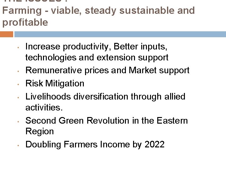 THE ISSUES : Farming - viable, steady sustainable and profitable • • • Increase
