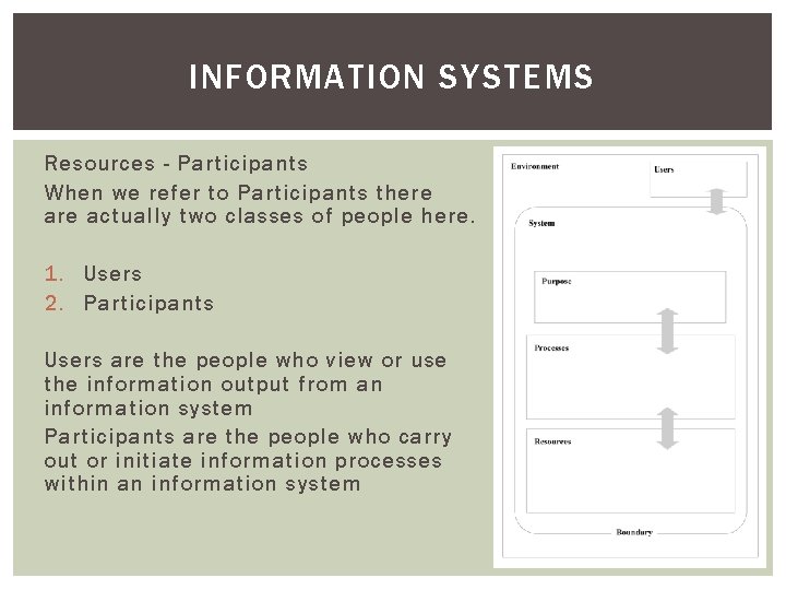 INFORMATION SYSTEMS Resources - Participants When we refer to Participants there actually two classes