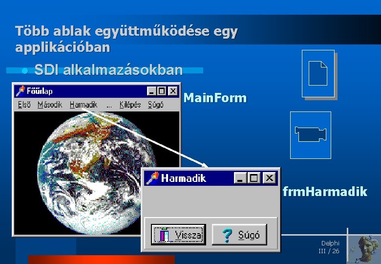 Több ablak együttműködése egy applikációban l SDI alkalmazásokban Main. Form frm. Harmadik Delphi III