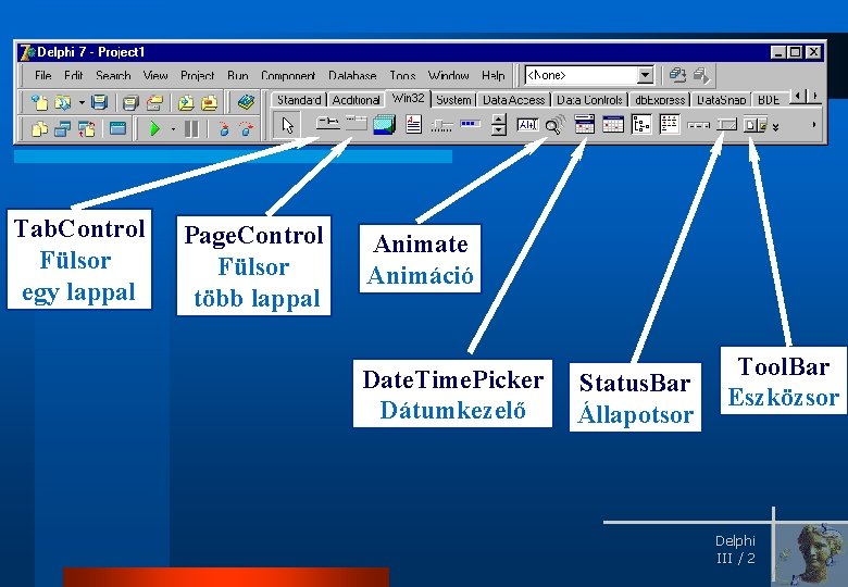 Tab. Control Fülsor egy lappal Page. Control Fülsor több lappal Animate Animáció Date. Time.