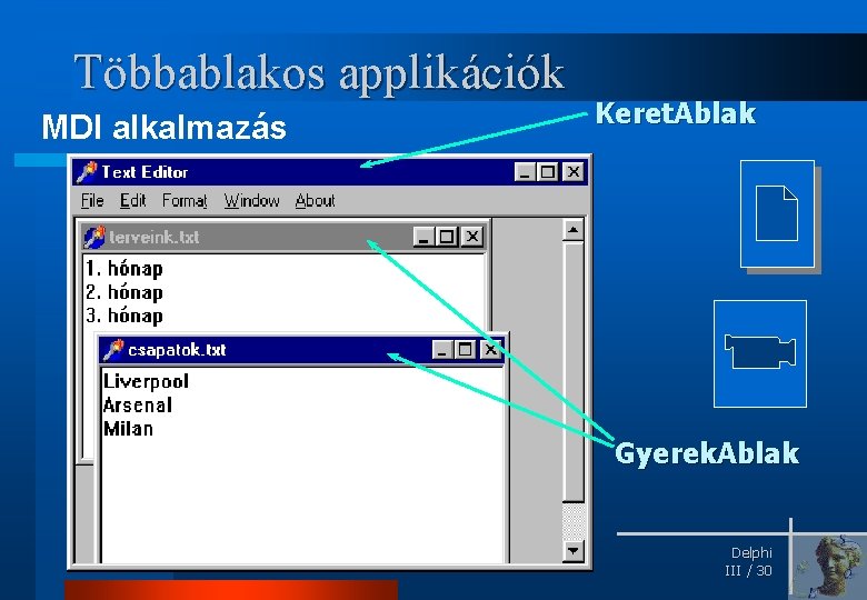 Többablakos applikációk MDI alkalmazás Keret. Ablak Gyerek. Ablak Delphi III / 30 