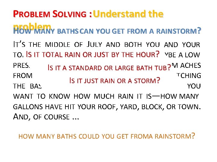 PROBLEM SOLVING : Understand the problem HOW MANY BATHS CAN YOU GET FROM A