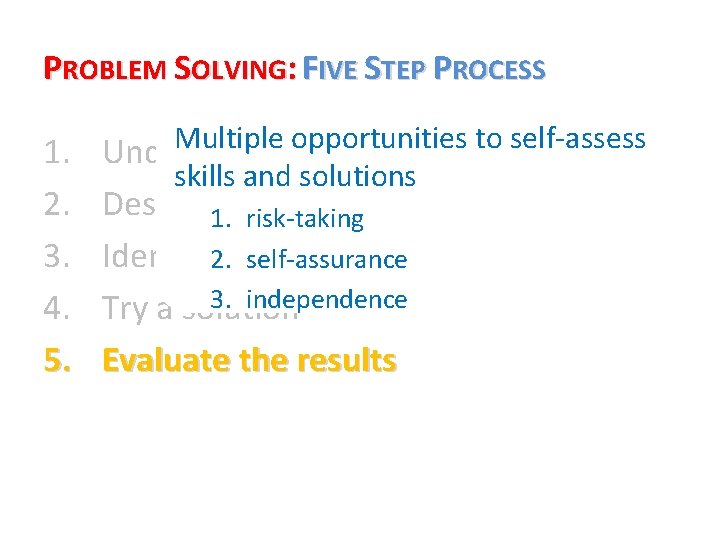 PROBLEM SOLVING: FIVE STEP PROCESS Multiple opportunities to self-assess 1. Understand the problem skills