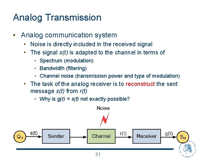 Analog Transmission • Analog communication system • Noise is directly included in the received