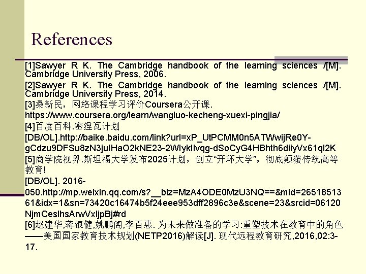 References [1]Sawyer R K. The Cambridge handbook of the learning sciences /[M]. Cambridge University