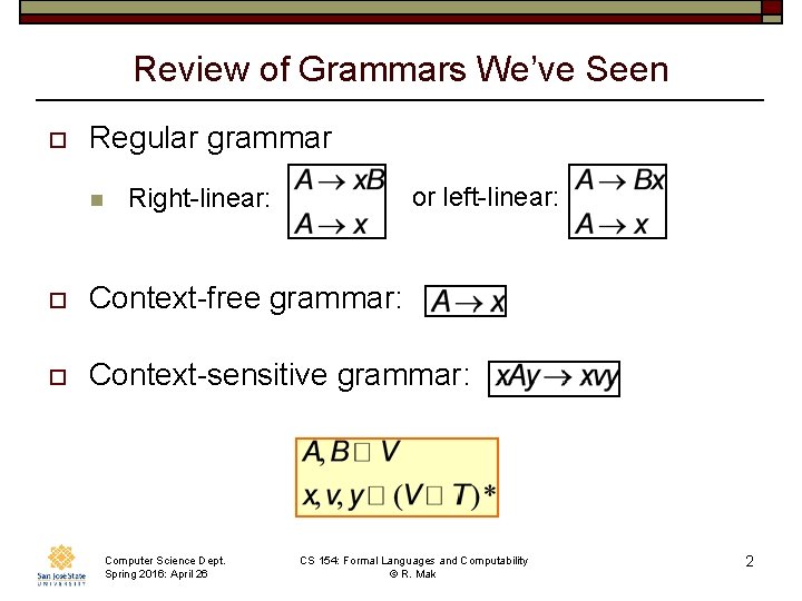 Review of Grammars We’ve Seen o Regular grammar n or left-linear: Right-linear: o Context-free