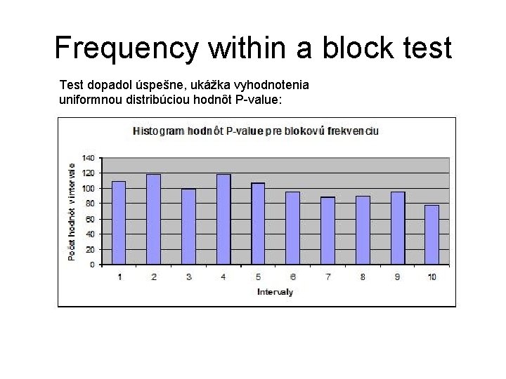 Frequency within a block test Test dopadol úspešne, ukážka vyhodnotenia uniformnou distribúciou hodnôt P-value: