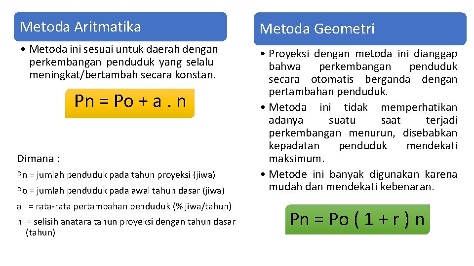 Metoda Aritmatika Metoda Geometri • Metoda ini sesuai untuk daerah dengan perkembangan penduduk yang