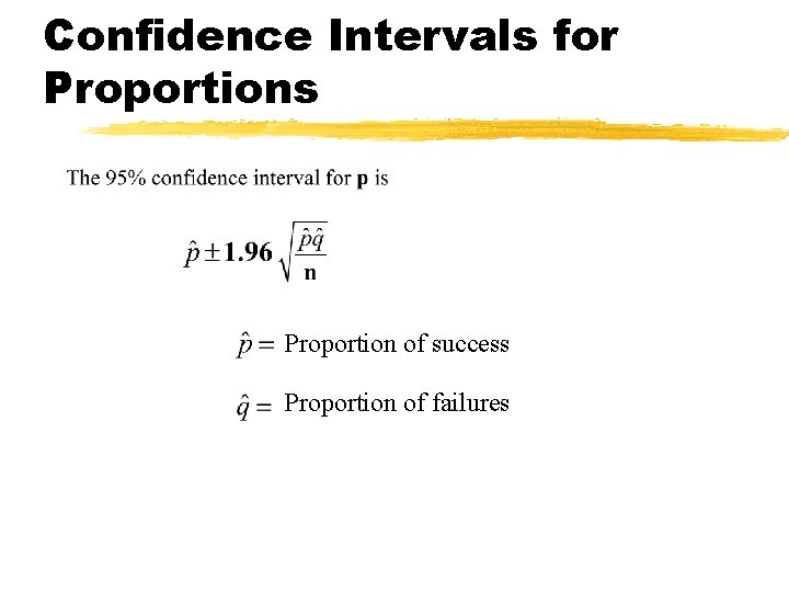 Confidence Intervals for Proportions Proportion of success Proportion of failures 