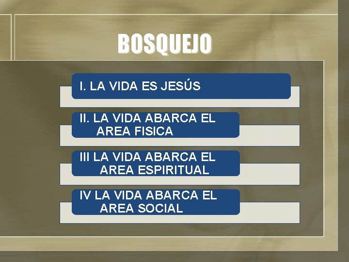 BOSQUEJO I. LA VIDA ES JESÚS II. LA VIDA ABARCA EL AREA FISICA III