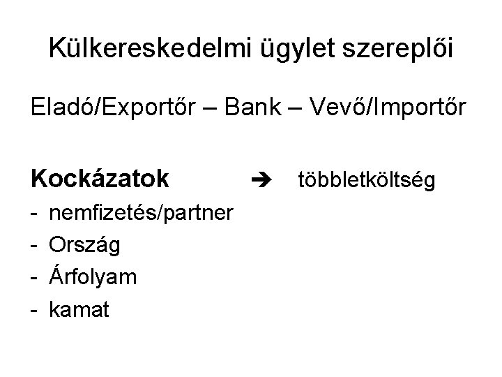 Külkereskedelmi ügylet szereplői Eladó/Exportőr – Bank – Vevő/Importőr Kockázatok - nemfizetés/partner Ország Árfolyam kamat