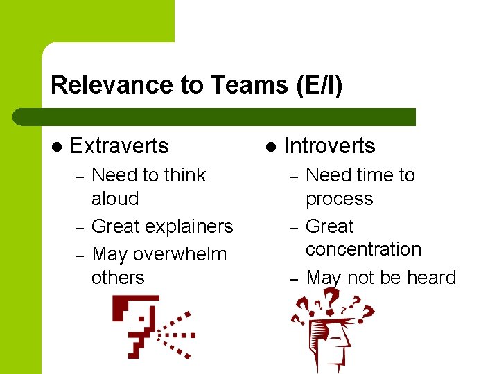 Relevance to Teams (E/I) l Extraverts – – – Need to think aloud Great