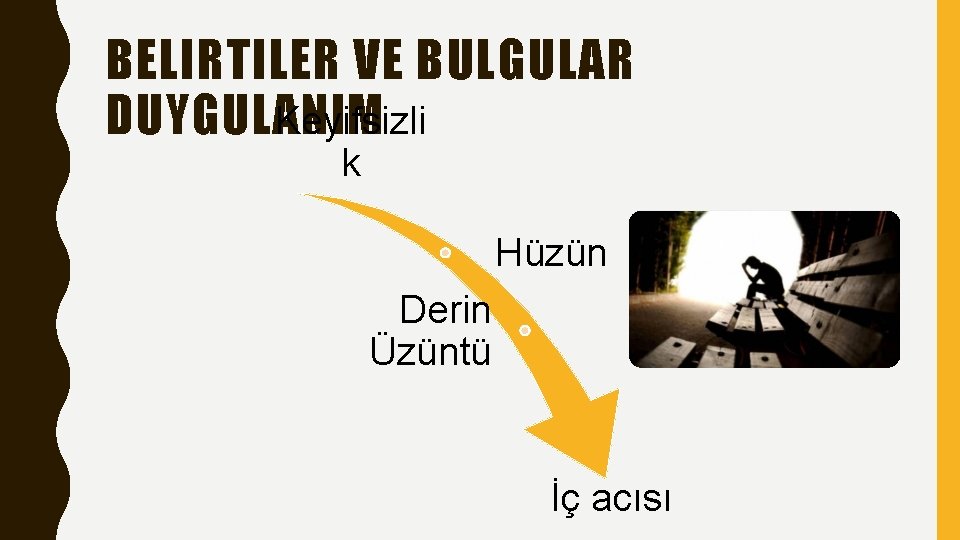 BELIRTILER VE BULGULAR Keyifsizli DUYGULANIM k Hüzün Derin Üzüntü İç acısı 